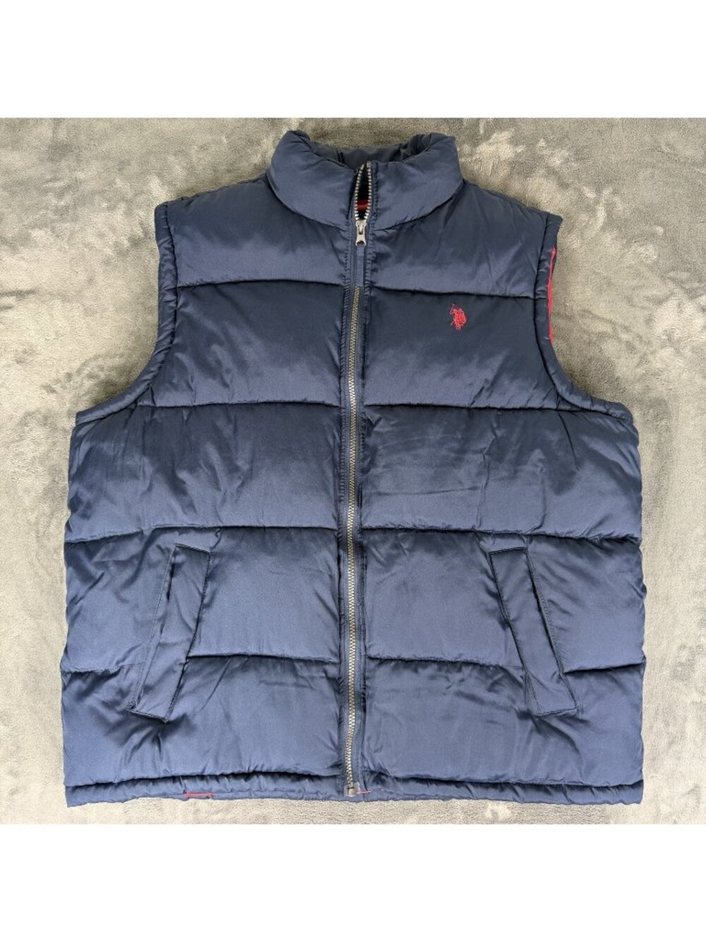 US Polo Assn Mens L Navy Blue Puffer Vest Red Lining Quilted Zip Gilet Jacket